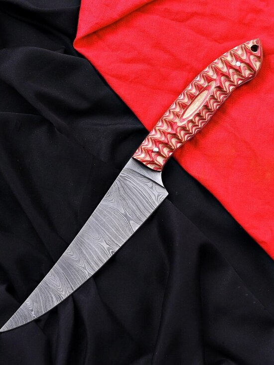 Damascus Steel Kitchen Fillet Knife Other - Handmade Damascus Steel Kitchen Fillet Knife - Color Pakka Wood Handle Leather